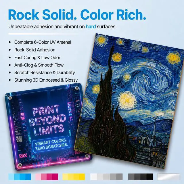 Alt view image 3 of 7 - 250ML Hard UV Ink 6-Pack Rigid Type Ultraviolet UV Ink for Hard Surface Materials with XP600 TX800 i3200 DX5 DX6 DX7 i1600 L805 1390 DX10 Printhead and Printers (BK C M Y W+V)