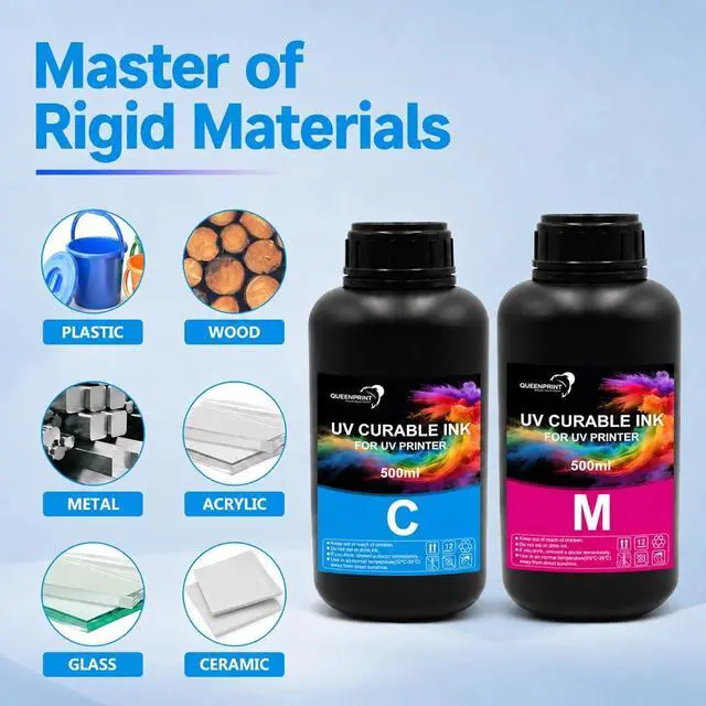 Alt view image 5 of 7 - 250ML Hard UV Ink 6-Pack Rigid Type Ultraviolet UV Ink for Hard Surface Materials with XP600 TX800 i3200 DX5 DX6 DX7 i1600 L805 1390 DX10 Printhead and Printers (BK C M Y W+V)