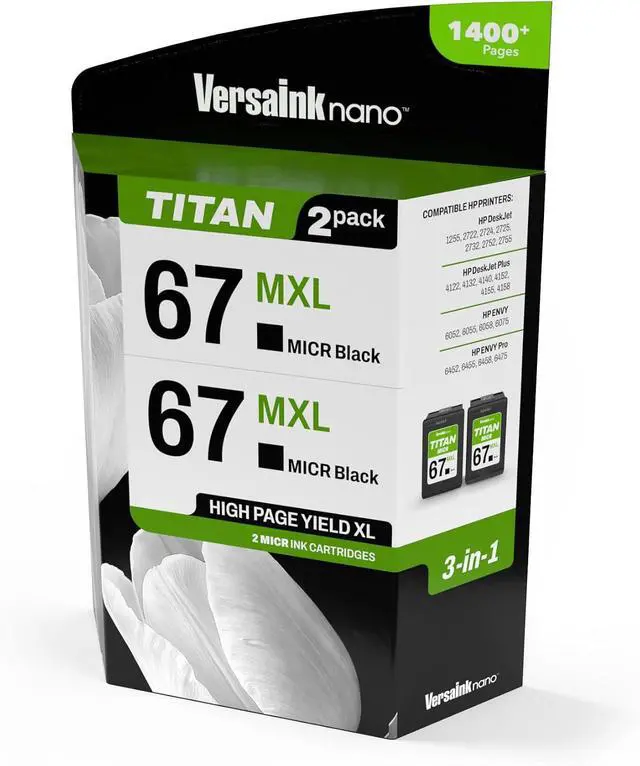 Alt view image 2 of 7 - VersaInk-Nano 67 MXL Titan-Magnetic (MICR 3-in-1) Black Ink Cartridge 2-Pack Replacement of 67 and 67 XL, Works with DESKJET 2723,2734,2755,2855,4133,4155,4255, Envy 6055,6075,6455,6475
