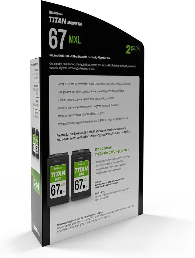 Alt view image 3 of 7 - VersaInk-Nano 67 MXL Titan-Magnetic (MICR 3-in-1) Black Ink Cartridge 2-Pack Replacement of 67 and 67 XL, Works with DESKJET 2723,2734,2755,2855,4133,4155,4255, Envy 6055,6075,6455,6475