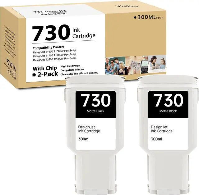 Main image of 730 Ink Cartridge Matte Black (with New Chip) 300ml P2V65A P2V71A Replacement for HP 730 Ink Cartridge 730F 730XL for Designjet T1600 Designjet T1700 Designjet T2600 Printers, 2 Pack 730 MK Ink