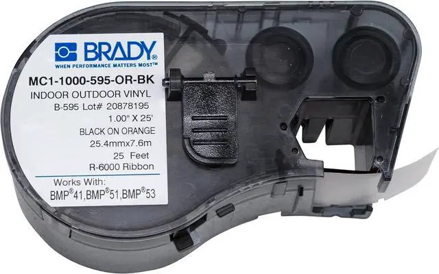 Main image of Brady-131593 MC1-1000-595-OR-BK Labels for BMP53/BMP51 Printers-1.0"x25'