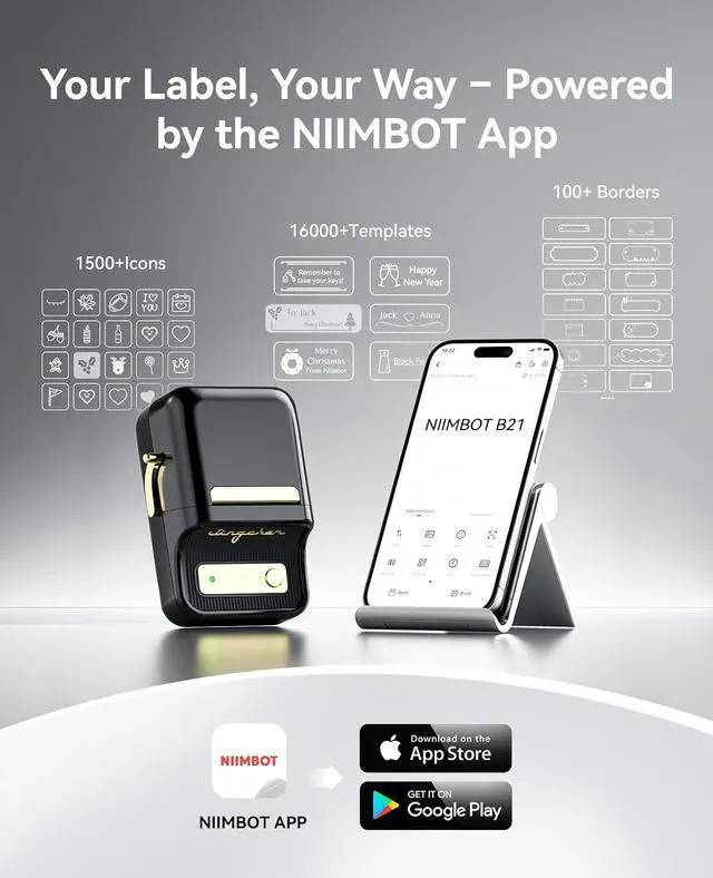Alt view image 6 of 7 - NIIMBOT B21 Label Maker, 2 Inch Bluetooth Sticker Printer with Tape, Black