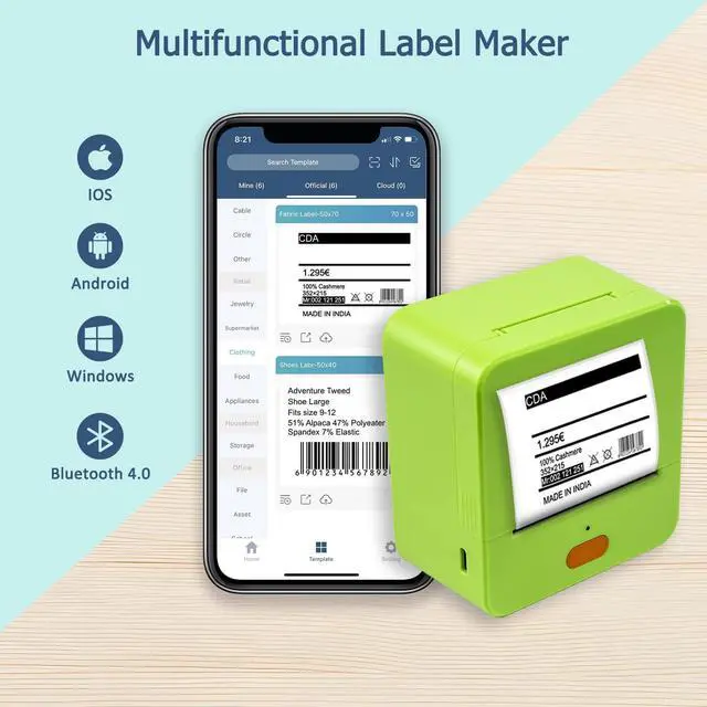 Alt view image 3 of 7 - NETUM P58C Mini Label Printer - Portable Barcode Label Maker with Bluetooth, Inkless Thermal Printing for Retail, Clothing, Small Business & Home Office (Green)