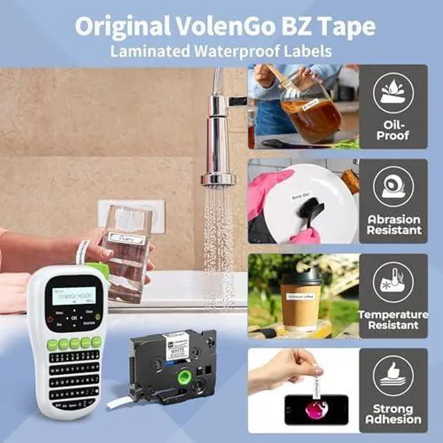 Alt view image 3 of 6 - Label Maker Machine with 6 Tapes, H1100 Label Maker Handheld Labeler with Backlit LCD One-Touch Key, 3B21Z Label Maker Tape 12mm 0.47 Laminated Black on White TZ Tapes