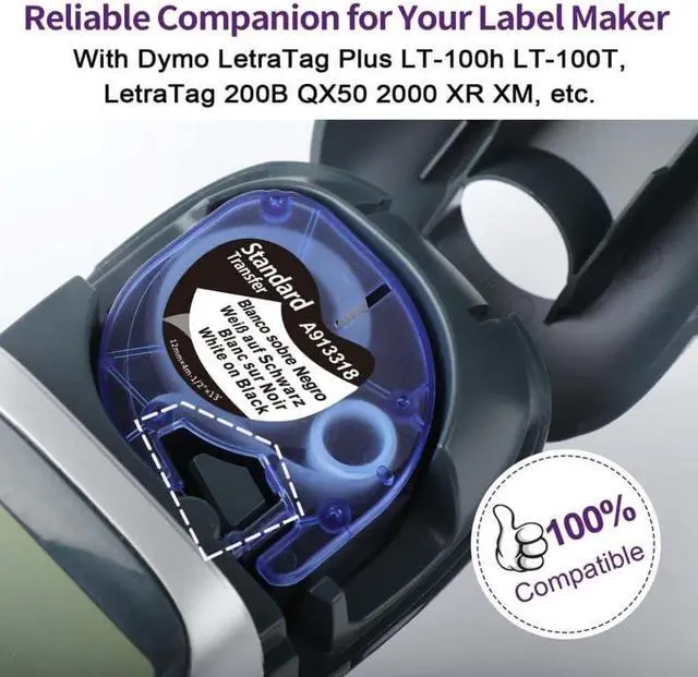 Alt view image 3 of 4 - 5 Pack White on Black Label Tape 12mm x 4m Compatible with LT-100H Label Maker, Black Plastic Refills for Clear Professional Labeling