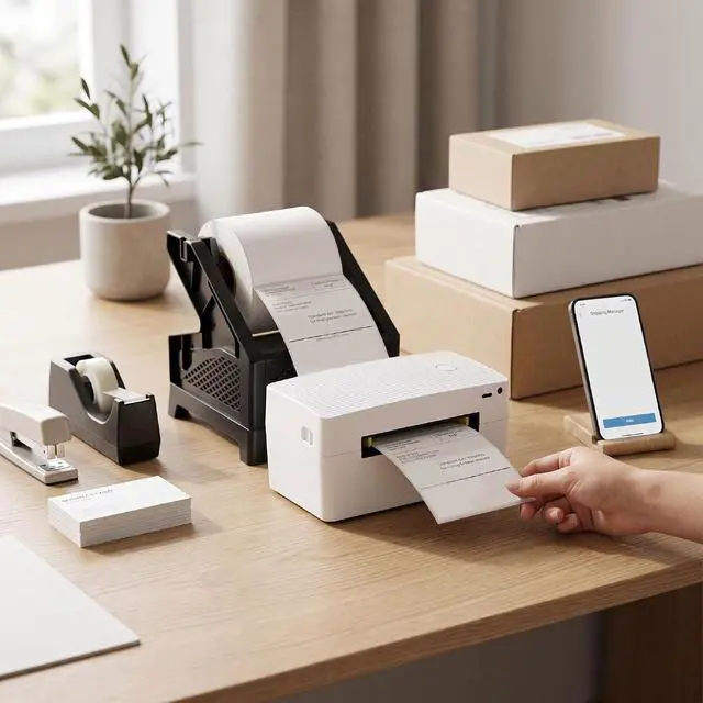 Alt view image 2 of 7 - Bluetooth Thermal Label Printer with Stand, Wireless 4x6 Shipping Label Printer for Small Business, Supports Seamless Wireless Printing, 203 DPI (US Plug)