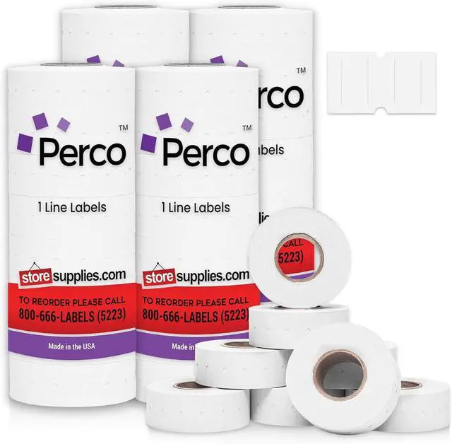 Main image of Perco 1 Line White Labels - 32,000 Blank Price and Date Gun Labels for Perco Lite, X, Plus and Pro 1 Line Price and Date Guns- 32 Rolls, 4 Sleeves - Made in USA