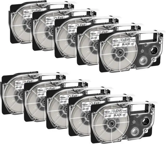 Main image of Cruxer 10Pack Replacement for XR-18X XR-18X1 AR-18X 18mm 0.7'' Black on Clear Self-Adhesive Label Tape Compatible with Casio KL-780 KL-820 KL-HD1 KL-E550 KL-G2 KL-2000 CW-L300 Label Makers