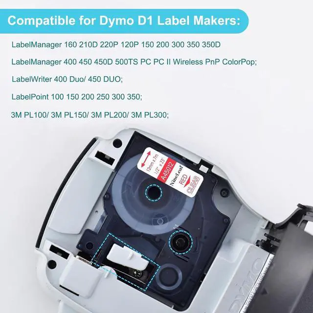 Alt view image 7 of 7 - NineLeaf 20PK Compatible for Dymo 45012 12mm Red on Clear D1 Label Tape