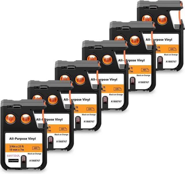 Main image of 6 X Compatible with Dymo Rhino XTL All-Purpose Vinyl Label Tape 1868767 A1868767 Black on Orange 19mm 3/4 inch x 23 Feet Replacement for Rhino XTL-300 XTL-500 Label Maker
