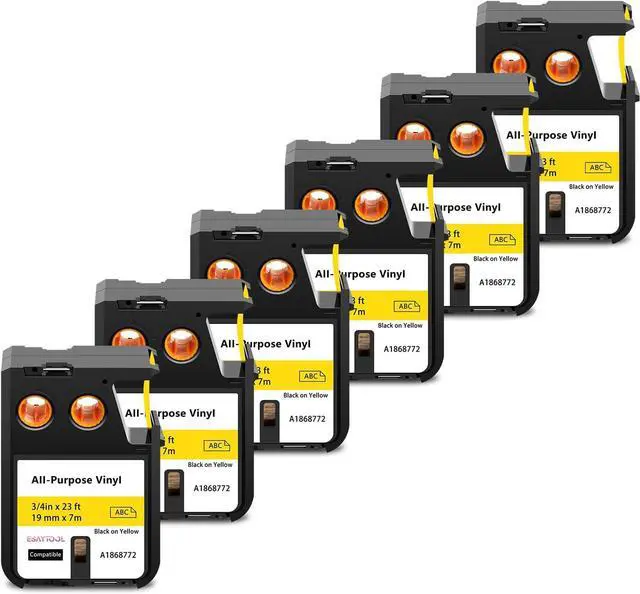 Main image of 6 X Compatible with Dymo Rhino XTL All-Purpose Vinyl Label Tape 1868772 A1868772 Black on Yellow 19mm 3/4 inch x 23 Feet Replacement for Rhino XTL-300 XTL-500 Label Maker