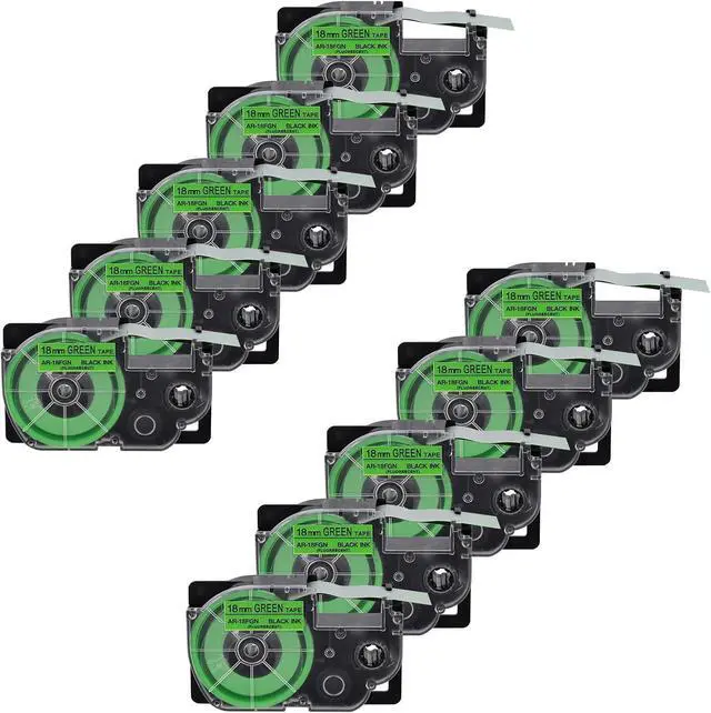 Main image of 10 X Compatible with Cassette Label Tape XR18FGN XR-18FGN XR-18FGN2S XR18FGN2S Black on Fluorescent Green 18mm 3/4 inch x 16.4 Feet Replacement for KL-120 KL-430 KL-820 KL-2000 Label Maker