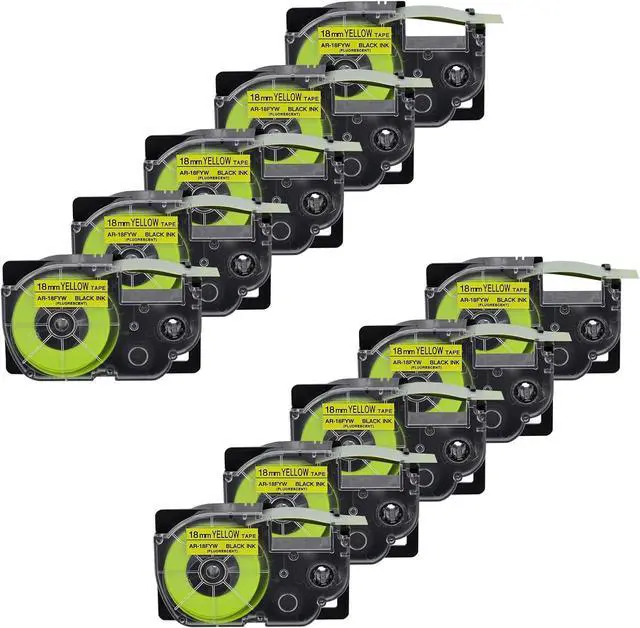 Main image of 10 X Compatible with Cassette Label Tape XR18FYW XR-18FYW XR-18FYW2S XR18FYW2S Black on Fluorescent Yellow 18mm 3/4 inch x 16.4 Feet Replacement for KL-120 KL-430 KL-820 KL-2000 Label Maker
