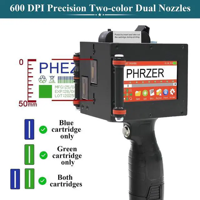 Alt view image 2 of 7 - Phezer Dual Nozzle Large Charater Handheld Inkjet Printer P50, 2"/50.8mm Print Height, with 4.3" Touch Screen, Smart Expiry Date/Time/Barcode/QR/Logo/Label/Batch Number Code Machine for All Surface