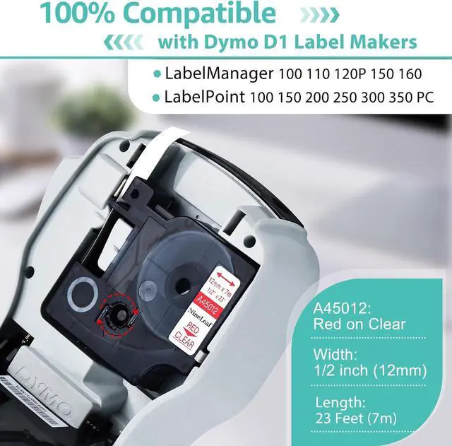Alt view image 2 of 7 - NineLeaf 30PK Compatible for Dymo 45012 12mm Red on Clear D1 Label Tape
