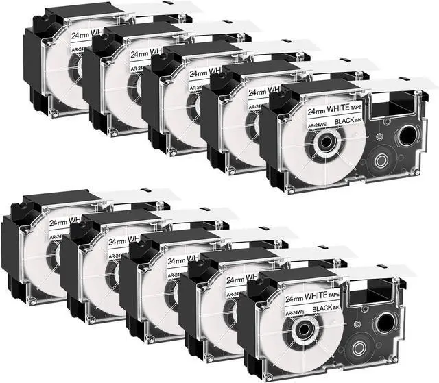 Main image of Cruxer 10Pack Replacement for XR-24WE XR-24WE1 AR-24WE 24mm 0.94 Black on White Self-Adhesive Label Tape Compatible with Casio KL-E550 KL-820 KL-C500 KL-G2 KL-G2TC KL-7400 KL-8100 Label Makers