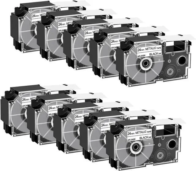 Main image of Cruxer 10Pack Replacement for XR-24SR XR-24SR1 AR-24SR 24mm 0.94 Black on Silver Self-Adhesive Label Tape Compatible with Casio KL-E550 KL-820 KL-C500 KL-G2 KL-G2TC KL-7400 KL-8100 Label Makers