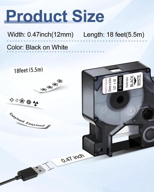 Alt view image 3 of 5 - 20 X Compatible with Dymo Flexible Nylon Label Tape 18488 A18488 Black on White 12mm 1/2 inch x 18 Feet Replacement for Rhino 1000 3000 5200 4200 5000 6000 3M PL100 PL200 PL300 Label Maker