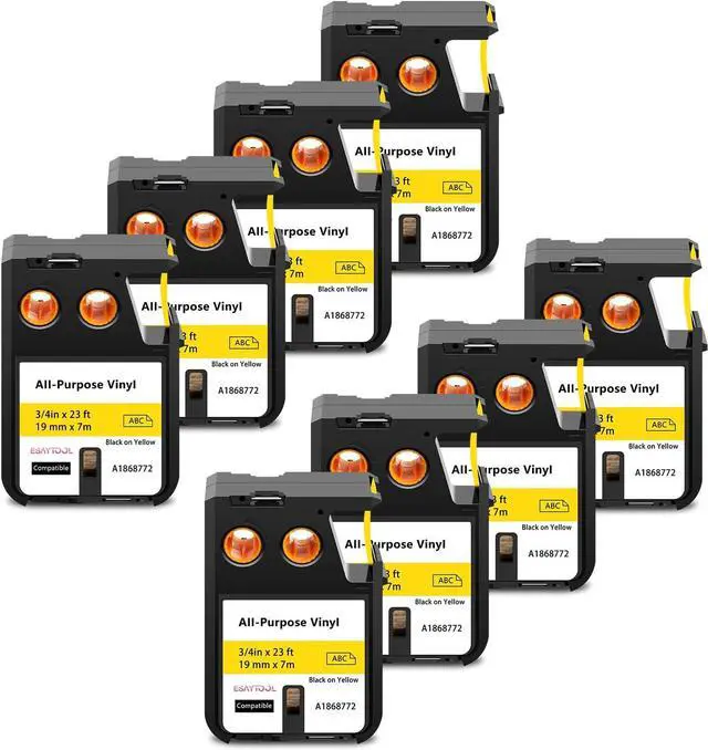 Main image of 8 X Compatible with Dymo Rhino XTL All-Purpose Vinyl Label Tape 1868772 A1868772 Black on Yellow 19mm 3/4 inch x 23 Feet Replacement for Rhino XTL-300 XTL-500 Label Maker
