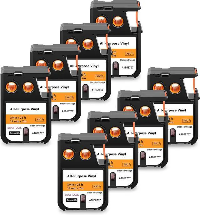 Main image of 8 X Compatible with Dymo Rhino XTL All-Purpose Vinyl Label Tape 1868767 A1868767 Black on Orange 19mm 3/4 inch x 23 Feet Replacement for Rhino XTL-300 XTL-500 Label Maker