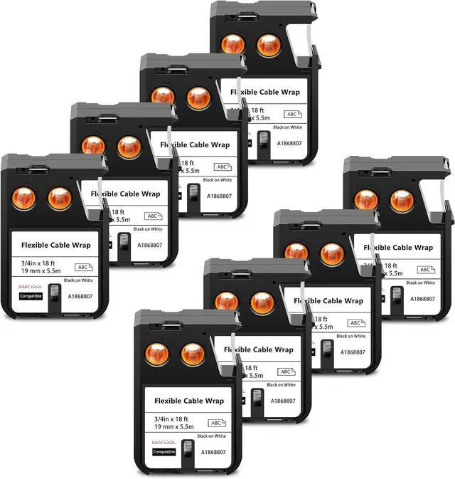 Main image of 8 X Compatible with Dymo Rhino XTL Flexible Cable Wrap Label Tape 1868807 A1868807 Black on White 19mm 3/4 inch x 18 Feet Replacement for Rhino XTL-300 XTL-500 Label Maker