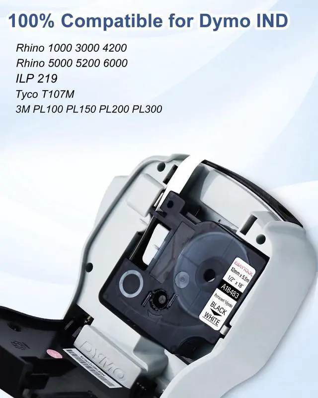 Alt view image 7 of 7 - 20 X Compatible with Dymo Permanent Polyester Industrial Label Tape 18483 A18483 Black on White 12mm 1/2 inch x 18 Feet Replacement for Rhino 1000 3000 5200 4200 3M PL100 PL200 Label Maker