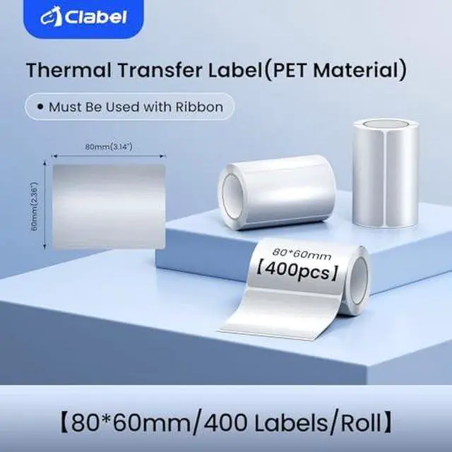 Alt view image 2 of 7 - CLABEL X1 Thermal Transfer Printer Bundle 80x60mm Silver PET Labels + Full Resin Ribbon, 6IPS 203DPI Bluetooth Asset Tag Solution for Equipment Tracking, Warehouse & Office