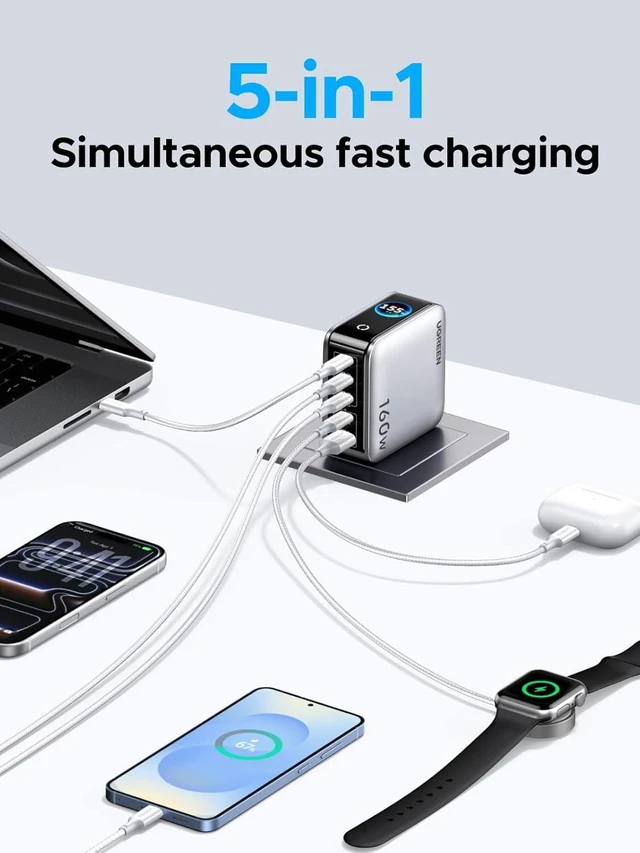 Alt view image 5 of 7 - Nexode Pro Charger 160W GaN 5-Port Fast USB C Wall Charger Block Type-C Charging with Smart Display & Touch Control Compatible for MacBook Pro/Air iPhone 17/16 Series iPad Galaxy