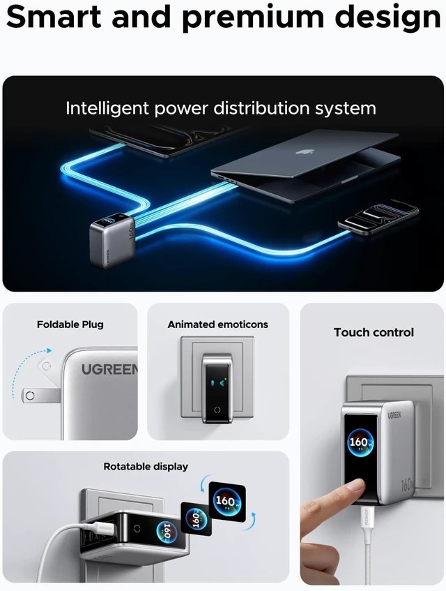 Alt view image 6 of 7 - Nexode Pro Charger 160W GaN 5-Port Fast USB C Wall Charger Block Type-C Charging with Smart Display & Touch Control Compatible for MacBook Pro/Air iPhone 17/16 Series iPad Galaxy