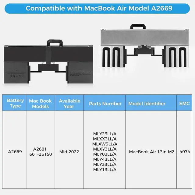 Alt view image 3 of 7 - A2681 Battery,A2669 Battery Replacement for MacBook Air 13" A2681(M2,2022) A3113(M3,2024) (Upgraded High Performance 11.54V 52.6Wh 4561mAh)
