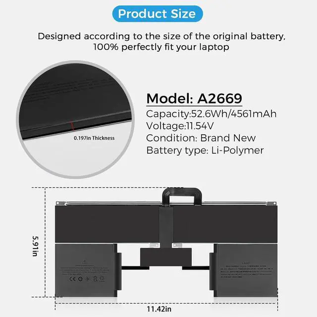 Alt view image 5 of 7 - A2681 Battery,A2669 Battery Replacement for MacBook Air 13" A2681(M2,2022) A3113(M3,2024) (Upgraded High Performance 11.54V 52.6Wh 4561mAh)