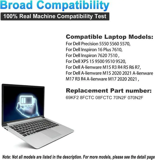 Alt view image 5 of 7 - 86Wh 69KF2 Laptop Battery for Dell XPS 15 9500 9510 9520 Precision 5550 5560 5570 Alienware M15 M17 R3 R4,G15 5510 5511 5515 5520 5521,G7 15 7500,Inspiron 7510 7610 P87F P91F P45E Series 8FCTC 70N2F