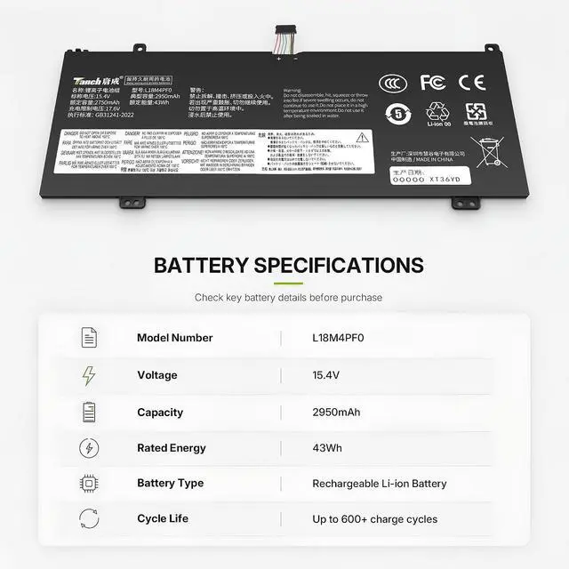 Alt view image 2 of 6 - Tanch L18M4PF0 Laptop Battery for Lenovo Thinkbook 13S/14S-IWL IML are