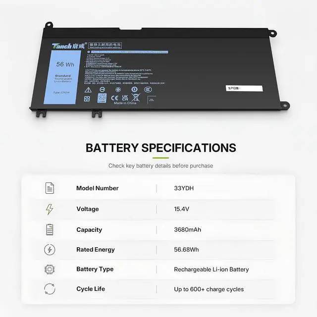 Alt view image 2 of 6 - Tanch 33YDH Laptop Battery for Dell Inspiron 17 7000 7778 7779 7786 7773