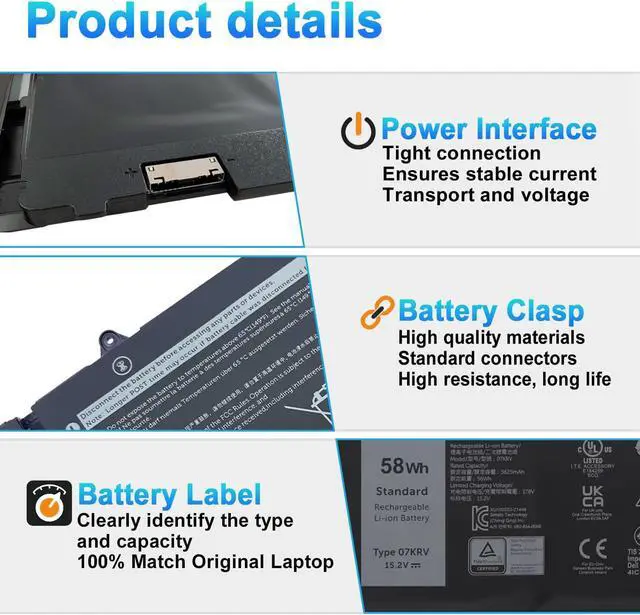 Alt view image 3 of 7 - 58Wh 07KRV Laptop Battery Replacement for Dell Latitude 5430 5530 5530 7330 7430 7530 Precision 3570 P104F P104F005 P135G P137G004 Series H4PVC 0H4PVC FK0VR 4FVJG O7KRV 08WRCR 078FWY Y86WG 15.2V
