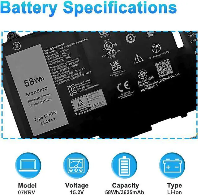 Alt view image 2 of 7 - 58Wh 07KRV Laptop Battery Replacement for Dell Latitude 5430 5530 5530 7330 7430 7530 Precision 3570 P104F P104F005 P135G P137G004 Series H4PVC 0H4PVC FK0VR 4FVJG O7KRV 08WRCR 078FWY Y86WG 15.2V