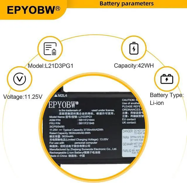 Alt view image 4 of 7 - L21D3PG1 Battery 42Wh 3-Cell Compatible with Lenovo ThinkPad L14 Gen 3 / ThinkPad L15 Gen 3 Series L21C3PG1 L21M3PG1 L21L3PG1