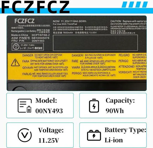 Alt view image 3 of 6 - 00NY493 Laptop Battery 90Wh 8000mAh Replacement for Lenovo ThinkPad P50 20EN 20EQ ThinkPad P51 20MM 20MN 20HH 20HJ Series L17L6P51 L17M6P51 SB10H45078 00NY492 SB10H45077 01AV477 77+ 77++ 11.25V