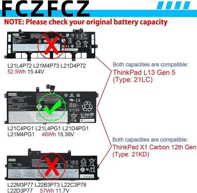 Alt view image 3 of 6 - L21C4PG1 Battery 46Wh 2995mAh Replacement for Lenovo ThinkPad L13 Gen 3 / L13 Gen 4 / L13 Yoga Gen 3 / L13 Yoga Gen 4 Series 5B11H56424 5B11H56420 5B10W51849 L21L4PG1 L21D4PG1 L21M4PG1 15.36V