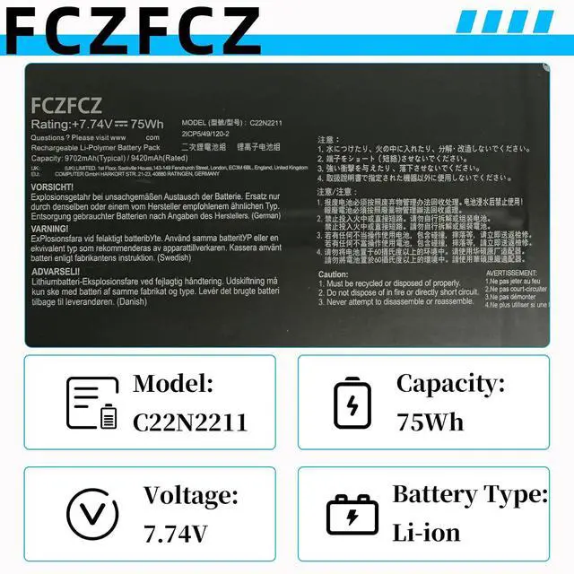 Alt view image 3 of 7 - C22N2211 Battery 75Wh 9702mAh Replacement for Asus Zenbook 14 OLED UX3405MA UX3405ZA UX3405VA Series 0B200-04400000 2ICP5/49/120-2 7.74V