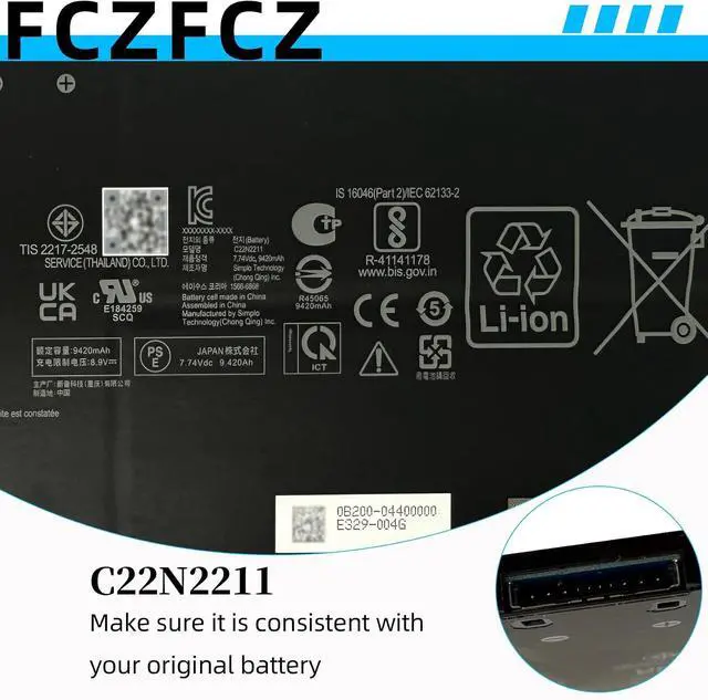 Alt view image 4 of 7 - C22N2211 Battery 75Wh 9702mAh Replacement for Asus Zenbook 14 OLED UX3405MA UX3405ZA UX3405VA Series 0B200-04400000 2ICP5/49/120-2 7.74V