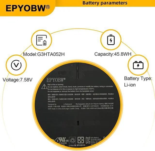 Alt view image 4 of 7 - G3HTA052H Laptop Battery 45.8Wh 6041mAh 6-Cell 7.58V Compatible with Microsoft Surface Laptop 3 Gen 13.5 Inch Keyboard Base 1867/1868 Series DYNT02