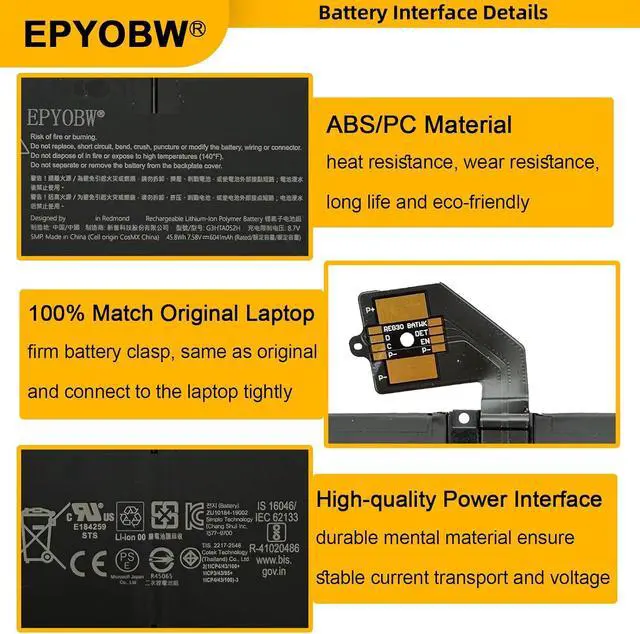 Alt view image 5 of 7 - G3HTA052H Laptop Battery 45.8Wh 6041mAh 6-Cell 7.58V Compatible with Microsoft Surface Laptop 3 Gen 13.5 Inch Keyboard Base 1867/1868 Series DYNT02