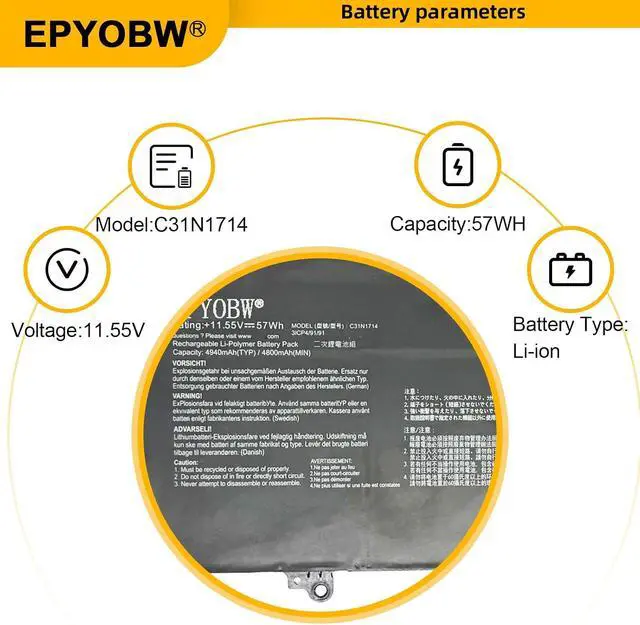 Alt view image 3 of 6 - C31N1714 Laptop Battery 57Wh 4940mAh 11.55V Compatible with Asus ZenBook Flip UX461UA UX461UA-1A UX461UA-E1012R UX461UA-E1072T UX461UA-E1077T Series C31PQCH 0B200-02750100M 0B200-02750000