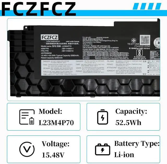 Alt view image 3 of 7 - L23M4P70 Battery 52.5Wh 3392mAh Replacement for Lenovo ThinkPad T16 Gen 3 21MN 21MQ Series SB11H56311 5B11H56410 L23C4P71 SB11H56310 5B11H56409 L23M4P71 L23C4P72 15.48V 4-Cell