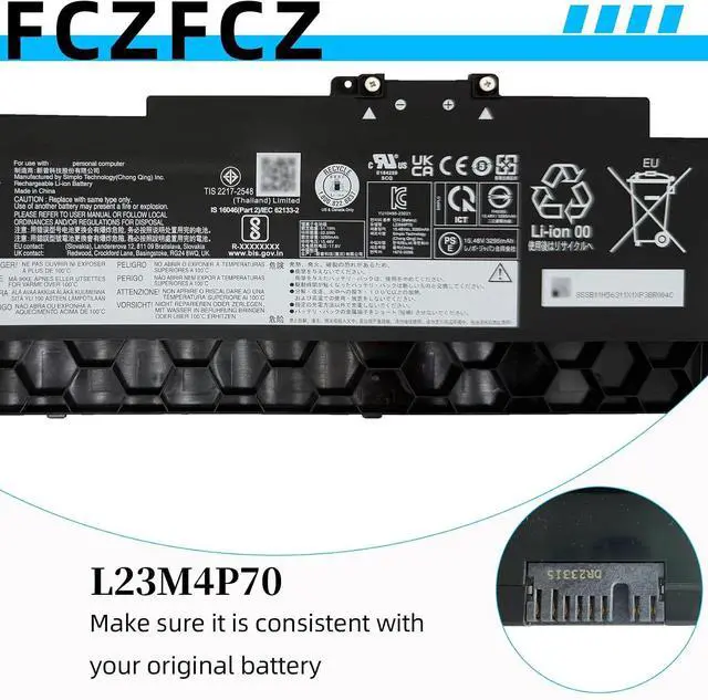 Alt view image 4 of 7 - L23M4P70 Battery 52.5Wh 3392mAh Replacement for Lenovo ThinkPad T16 Gen 3 21MN 21MQ Series SB11H56311 5B11H56410 L23C4P71 SB11H56310 5B11H56409 L23M4P71 L23C4P72 15.48V 4-Cell