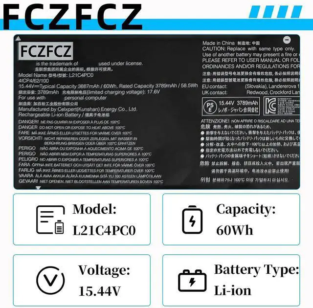 Alt view image 3 of 6 - L21C4PC0 Replacement for Lenovo Legion 5-15IAH7 5-15ARH7 5-15ARH7H 5-15IAH7H 5-15ARP8 5-15APH9 5-15IRX9 / IdeaPad Gaming 3-15IAH7 Series L21D4PC0 L21M4PC0 L21M4PC1 L21L4PC0 15.44V 60Wh 4-Cell