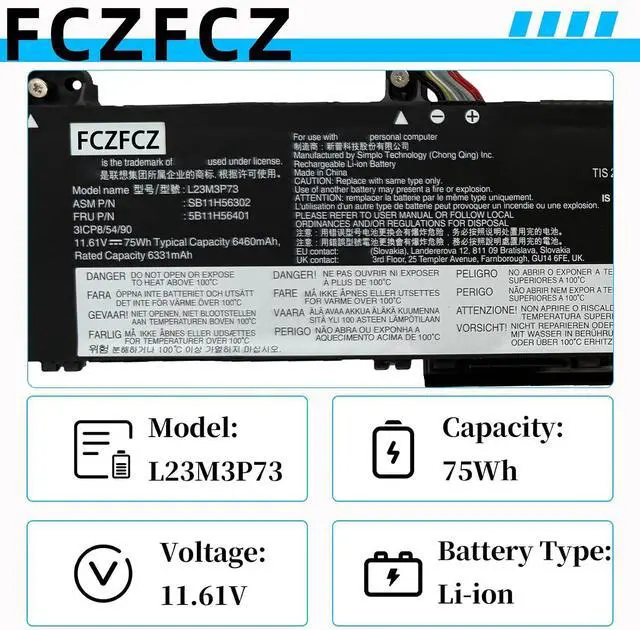 Alt view image 4 of 7 - L23M3P73 Battery 75Wh 6460mAh Replacement for Lenovo ThinkPad P14s Gen 5 21G2 21G3 / P16s Gen 3 21KS 21KT Series SB11H56302 5B11H56401 L23D3P74 5B11H56402 11.61V 3-Cell