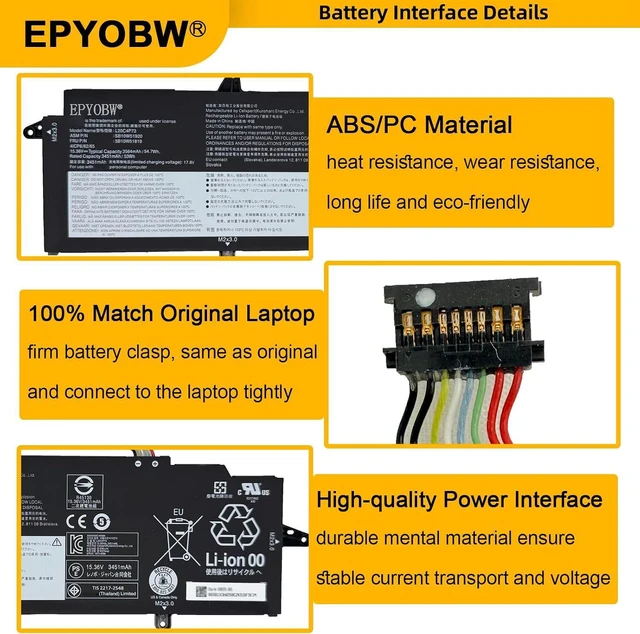 Alt view image 3 of 5 - L20C4P73 Laptop Battery 54.7Wh 4-Cell 15.36V Compatible with Lenovo ThinkPad X13 Gen 2 / ThinkPad X13 Gen 3 Series L20L4P73 L20M4P73 L20D4P73 L20C4P74 L20D4P74 L20C3P72 L20D3P72